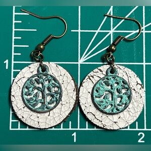 1” cracked White Leather and Tree of Life Charm, earrings.  New handmade.